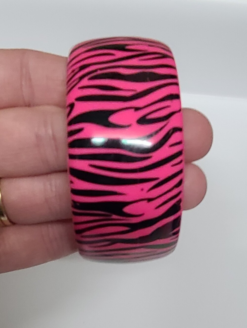 Y2K Neon Hot Pink Black Zebra Animal Print Chunky Wide Bangle Bracelet Vintage